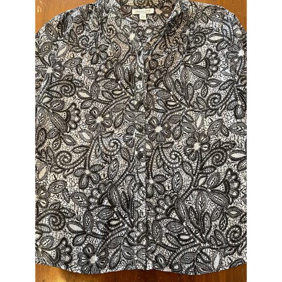 Coldwater Creek Womens Petite Large Blouse Sheer Floral Button Up Black White - Picture 3 of 10